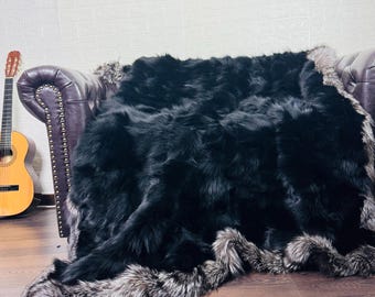 UNIQUE Real FOX FUR Throw Blanket Black Silver • Large Area Rug  • Genuine Fur Rug  • Ethically and Organic Farmed Fox • Scandinavian Decor