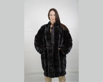 GORGEOUS Real Dark Brown Mink Pelt Fur LONG Coat with Collar for Women • Personalized Mink Fur Jacket • Timeless Style and Elegance