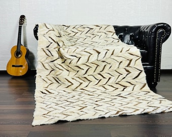 Real White with Designs Mink Fur Throw 47x88 in • Personalized Genuine Fur Throw Rug • Handmade Vintage Fur Throw for Living Room n Bedroom