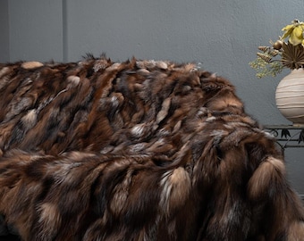 Real DOUBLE SIDED Brown Fur Blanket • Personalized Fox Fur Blanket Throw • Handmade Genuine Fur Blanket • Fur Bedspread n Sofa Cover