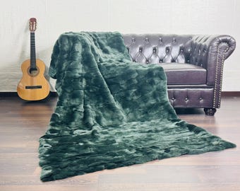 Luxurious Rex Rabbit Fur Blanket Throw Green •  Personalized  Handmade Fur Sofa Cover n Bedspread • Vintage Rabbit fur Throw Blanket