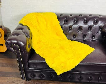 Real DOUBLE SIDED Yellow Full Skin Rex Rabbit Fur Blanket Throw • Handmade Fur Sofa Cover n Bedspread • Vintage Rabbit fur Throw Blanket