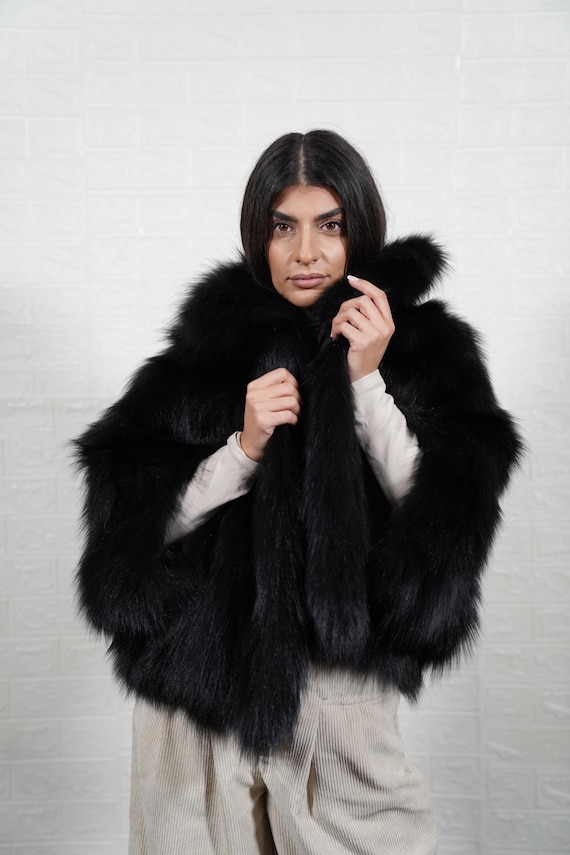 Real Fox Fur Coat Jacket Short Black | Women's Fur Jacket | Handmade Artisan Crafted | Winter Fur Coat | Luxury Fur Outerwear