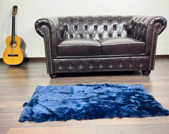 Real DOUBLE SIDED Blue Full Skin Rex Rabbit Fur Blanket Throw • Handmade Fur Sofa Cover n Bedspread • Vintage Rabbit fur Throw Blanket