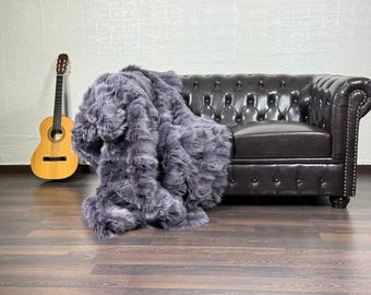 Fox fur real throw blanket purple, luxurious bedspread & fox fur rug for living room and bed decor