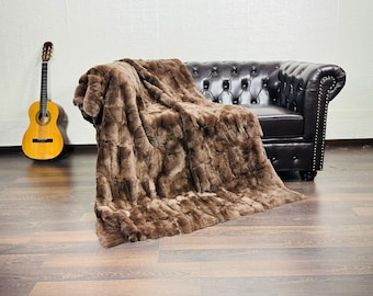 Real DOUBLE SIDED Brown Rex Rabbit Fur Blanket Throw • Handmade Fur Sofa Cover n Bedspread • Vintage Rabbit fur Throw Blanket