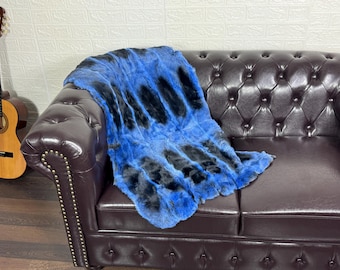Real DOUBLE SIDED Blue Black Full Skin Rex Rabbit Fur Blanket Throw • Handmade Fur Sofa Cover n Bedspread • Vintage Rabbit fur Throw Blanket