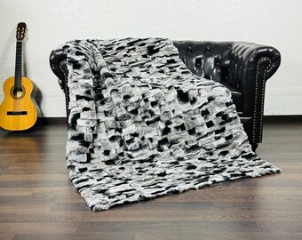 Real Rex Rabbit Fur Blanket Throw • Handmade Fur Sofa Cover n Bedspread • Vintage Rabbit fur Throw Blanket