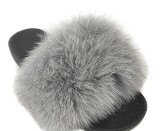 Fur slides, fur slippers, fox fur slides, fluffy slides
