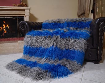 Mongolian sheepskin throw blanket gray blue stripes fluffy wool luxury sofa accent