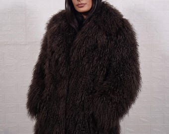 Mongolian sheepskin wool coat dark brown long knee length heavy fluffy overcoat