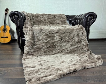 Real DOUBLE SIDED Rabbit Fur Blanket Throw Brown • Personalized Handmade Fur Sofa Cover n Bedspread • Vintage Rabbit fur Throw Blanket