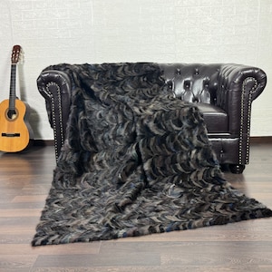 Real Brown Black Mink Fur Throw 47x88 in • Personalized Genuine Fur Throw Rug • Handmade Vintage Fur Throw for Living Room n Bedroom
