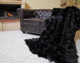 Real Black fox fur throw blanket fur bedspread luxury handmade genuine fur sofa accent gift