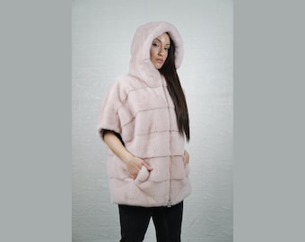 Mink fur cape pink jacket with hood, elegant winter fur coat fashion for women, fur wrap gift for her