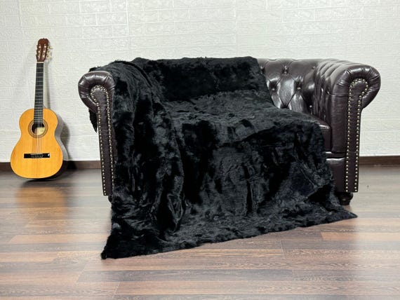 Black rabbit fur throw blanket luxury home decor