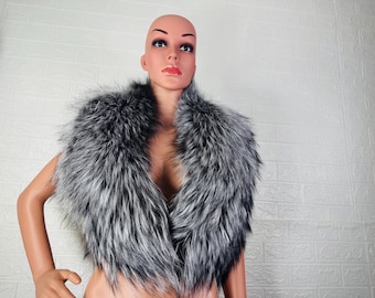 Silver fox fur scarf collar, fluffy detachable winter neckwarmer, fur stole wrap, perfect gift for her