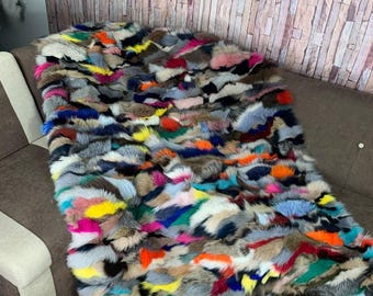 Real Colorful Fur Blanket • Personalized Fox Fur Blanket Throw • Handmade Genuine Fur Blanket • Fur Bedspread n Sofa Cover