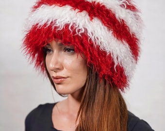 Mongolian sheepskin wool hat red white fluffy christmas winter women velvet lined