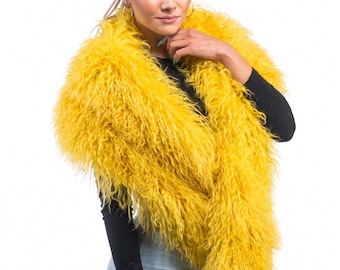 Mongolian sheepskin wool scarf yellow extra long fluffy luxury winter wrap women