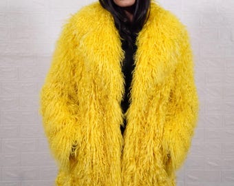 Mongolian sheepskin wool coat yellow long knee length heavy fluffy winter overcoat