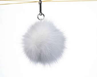White Real Fox Fur Pom Pom Keychain - Handmade Fur Ball Keyrings For Car or House Keys & Bags | Women Accessories For Birthdays Gift