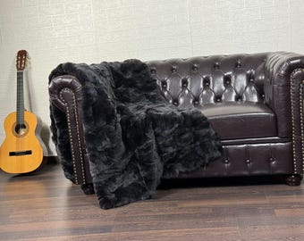 Real DOUBLE SIDED Rabbit Fur Blanket Throw Black • Personalized Handmade Fur Sofa Cover n Bedspread • Vintage Rabbit fur Throw Blanket