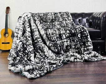 UNIQUE Rex RABBIT Full Skin Fur Blanket Throw Black White • Handmade Fur Sofa Cover n Bedspread • Vintage Rabbit fur Throw Blanket