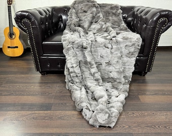 Real DOUBLE SIDED Rabbit Fur Blanket Throw Grey • Personalized Handmade Fur Sofa Cover n Bedspread • Vintage Rabbit fur Throw Blanket