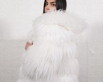 White alpaca sheepskin jacket coat with rabbit lines with hood handmade luxury real fur women statement fashion
