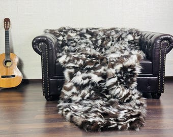 Luxurious Black White and Brown Shades Fur Blanket • Personalized Fox Fur Blanket Throw • Handmade Genuine Fur Blanket • Fur Bedspread