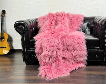 Real Pink Sheepskin Mongolian Throw Blanket - Luxurious Fur Blanket for Home Decor