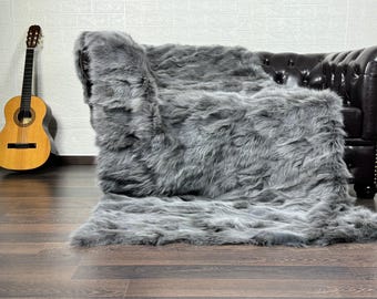 Real DOUBLE SIDED Grey Fox Fur Throw • Personalized Genuine Fur Throw Rug • Housewarming Gift • Handmade Vintage Fur Throw for Living Room