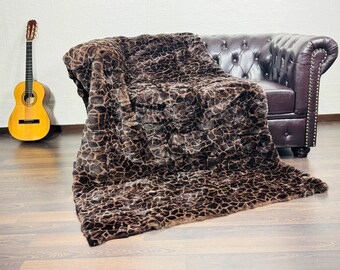 EXCLUSIVE Real Rex RABBIT FUR Throw Leopard Brown Print • Large fur Rabbit Area Rug • Ethically Farmed Rabbit Fur • Scandinavian Decor