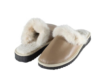 Fur Sheepskin Leather Slippers Camel for Women • Cozy Warm House Wool Slippers  •  Handmade genuine leather slippers