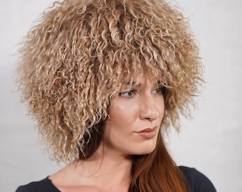 Mongolian sheepskin wool hat light brown fluffy winter women adjustable velvet lined