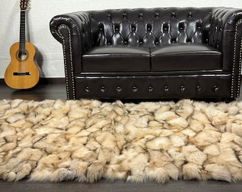 Real Beige Fox Fur Throw • Personalized Genuine Fur Throw Rug • Housewarming Gift • Handmade Vintage Fur Throw for Living Room n Bedroom