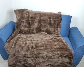 Real Brown Rex Rabbit Fur Blanket Throw • Personalized Housewarming Gift Sofa Cover n Bedspread •  Handmade Genuine Fur