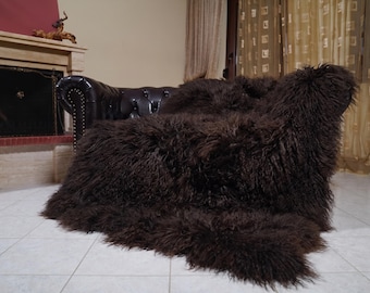 Mongolian sheepskin throw blanket dark brown fluffy wool luxury sofa accent gift