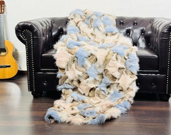Luxury DOUBLE SIDED Real Fox Fur Throw Blanket Colorful • Large Area Rug  • Genuine Fur Rug  • Ethically and Organic Farmed Fox Fur