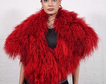 Mongolian sheepskin etol collar red fluffy wool bold statement stole women evening