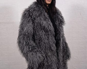 Mongolian sheepskin wool coat gray long knee length heavy fluffy winter overcoat