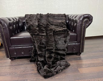 Real DOUBLE SIDED Brown Rex Rabbit Fur Blanket Throw • Handmade Fur Sofa Cover n Bedspread • Vintage Rabbit fur Throw Blanket