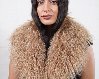 Mongolian sheepskin fur collar light brown fluffy wool luxury winter accessory women