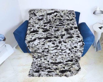 Real Rabbit Fur Blanket Throw Chinchilla Color Rex •  Personalized Handmade Fur Sofa Cover n Bedspread • Vintage Rabbit fur Throw Blanket