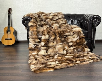 Real Crystal Fox Fur Throw • Personalized Genuine Fur Throw Rug • Housewarming Gift • Handmade Vintage Fur Throw for Living Room n Bedroom