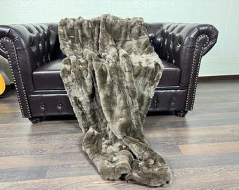 Real DOUBLE SIDED Rabbit Fur Blanket Throw Brown • Personalized Handmade Fur Sofa Cover n Bedspread • Vintage Rabbit fur Throw