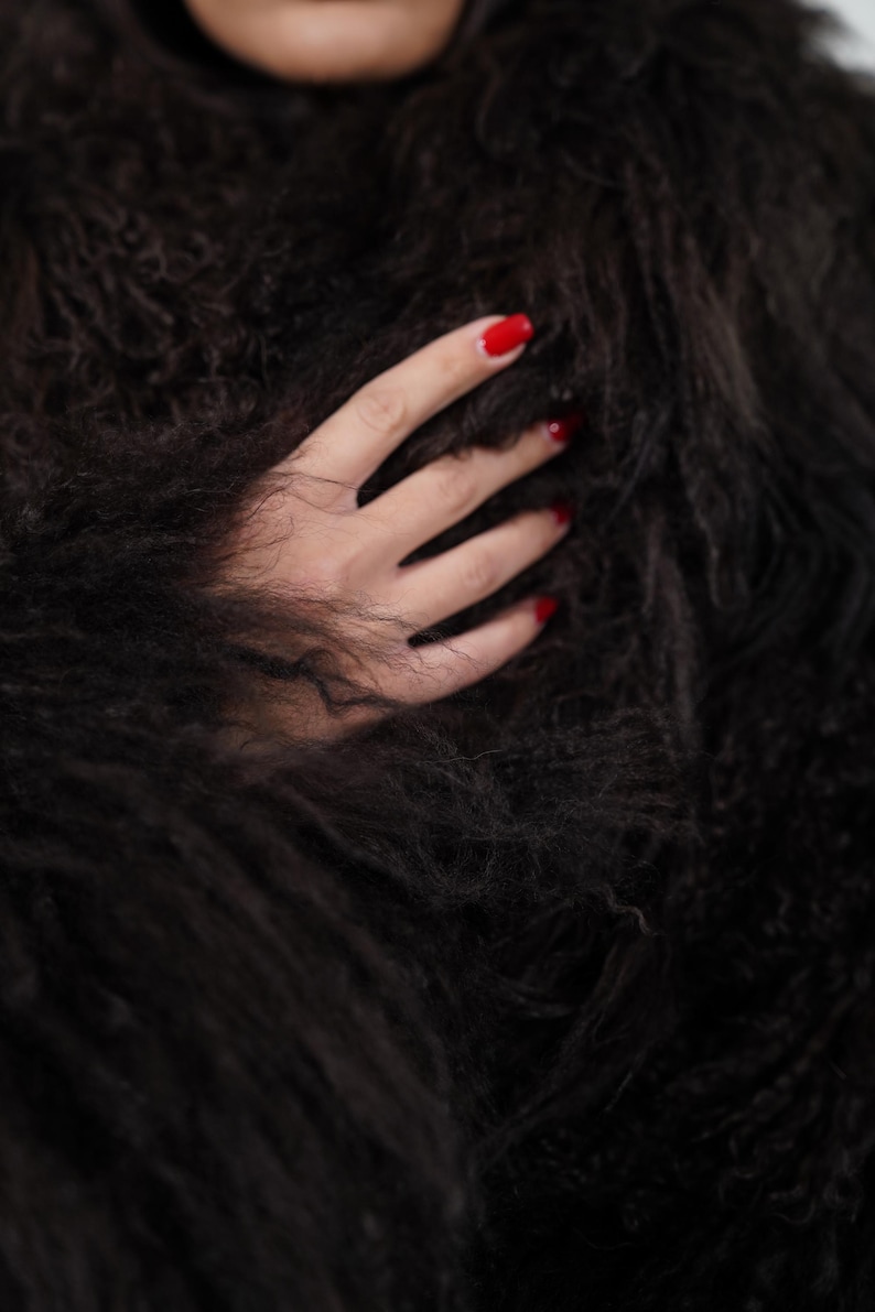 Close Up Dark Brown Mongolian Sheepskin Fluffy Jacket Coat Full Skin Soft Plush Real Fur