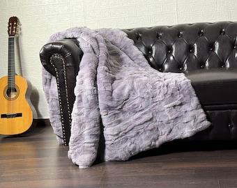 Real DOUBLE SIDED Rabbit Fur Blanket Throw Purple • Personalized Handmade Fur Sofa Cover n Bedspread • Vintage Rabbit fur Throw Blanket