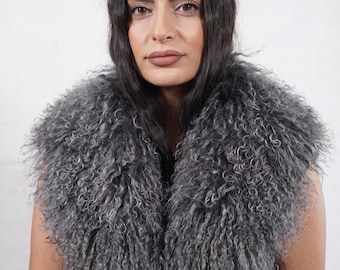 Mongolian sheepskin fur collar gray fluffy wool luxury winter accessory women